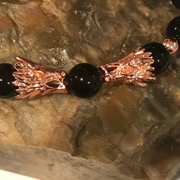 Men's Rose Gold Twin Dragon Bracelet Genuine Black Agate - Picture 3 of 3